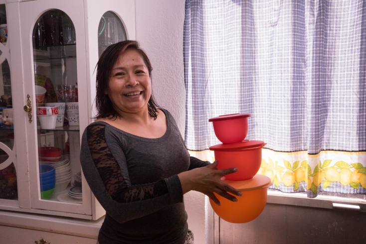 Erika de la Luz Alvino Calihua sells Tupperware from her home in San Andres Cholula, in the state of Puebla